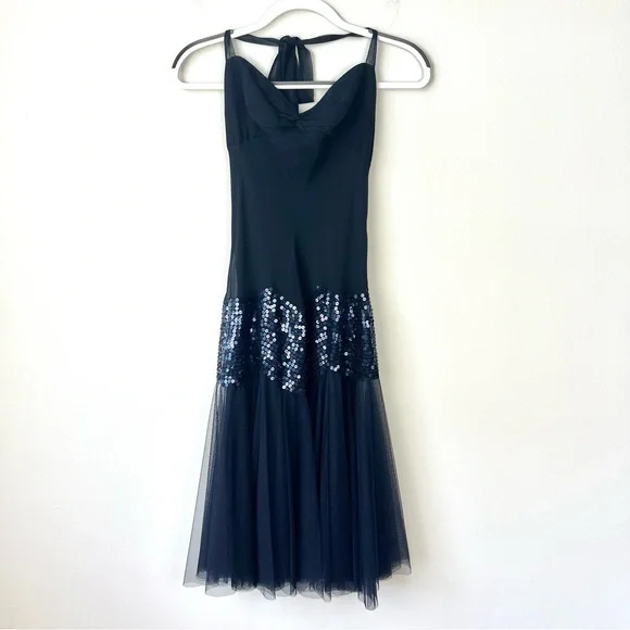 BCBGMaxAzria | Dresses | Bcbgmaxazria Silk Sequin Drop Waist Tulle Halter  Midi Dress Navy Blue | Poshmark